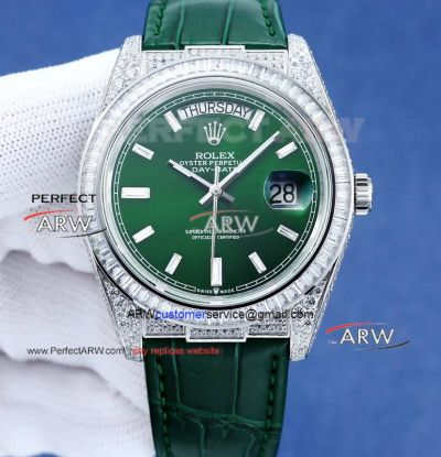 Swiss Replica Rolex Day Date Green Stick Face Diamond Bezel Alligator Strap 3135 Watch